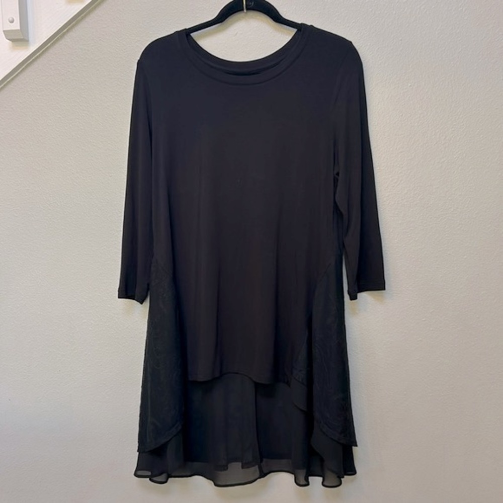 LOGO LORI GOLDSTEIN Black jersey knit tunic dress hi-low Hem lace hem, sz medium